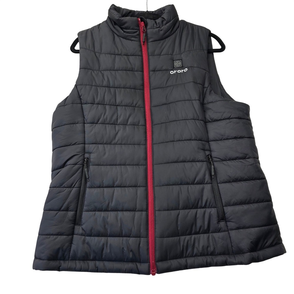 Ororo Heated Vest Womens L Black Red Zip Quilted Puffer Lightweight Power Bank